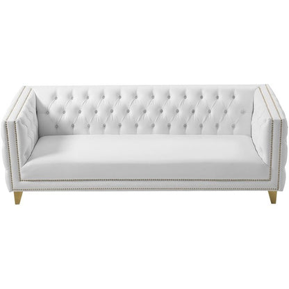 Meridian Furniture 651White-S Michelle Collection Modern | Contemporary Sofa with Deep Button Tufting, Gold Nailhead Trim and Sturdy Gold Iron Legs, White Vegan Leather, 90" W x 34" D x 30" H
