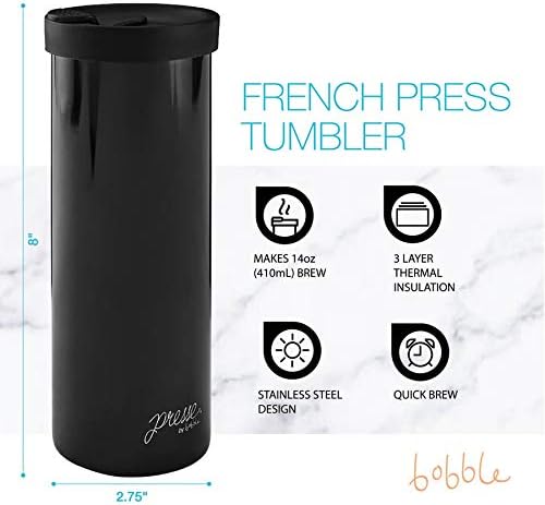 bobble French Coffee Presse, On-The-Go Use, Quick Brew, 14 oz, Peacock