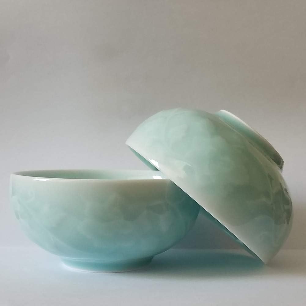 Chinese Rice Bowl 10oz Celadon Dinnerware, Engraved Peony Porcelain Bowl, 4.5 Inch in Sky Blue