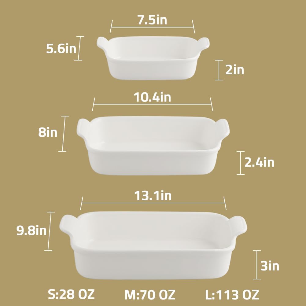 Sweejar Baking Pans Set - Durable Ceramic 9x13 Baking Dish with Handle | 3-Piece Casserole Bakeware Set in White