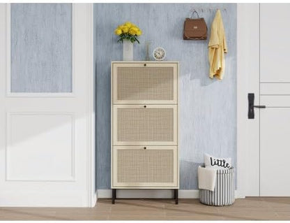 ZeHuoGe Natural Rattan Shoe Storage Rack - Modern 3-Tier Cabinet with 3 Flip Drawers for Entryway