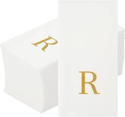 15.8 7.9 Inch 50 Luxenap X Linen-Feel Guest Towels, Lettered Hand Towels - Gold Letter 'R', Sans Serif Font, White
