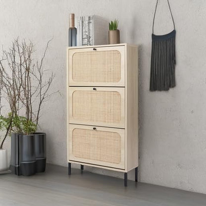 ZeHuoGe Natural Rattan Shoe Storage Rack - Modern 3-Tier Cabinet with 3 Flip Drawers for Entryway