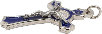 Hand Made St Benedict Cross Medal Crucifix, 3" Tall, Silver Plated with Blue Enamel