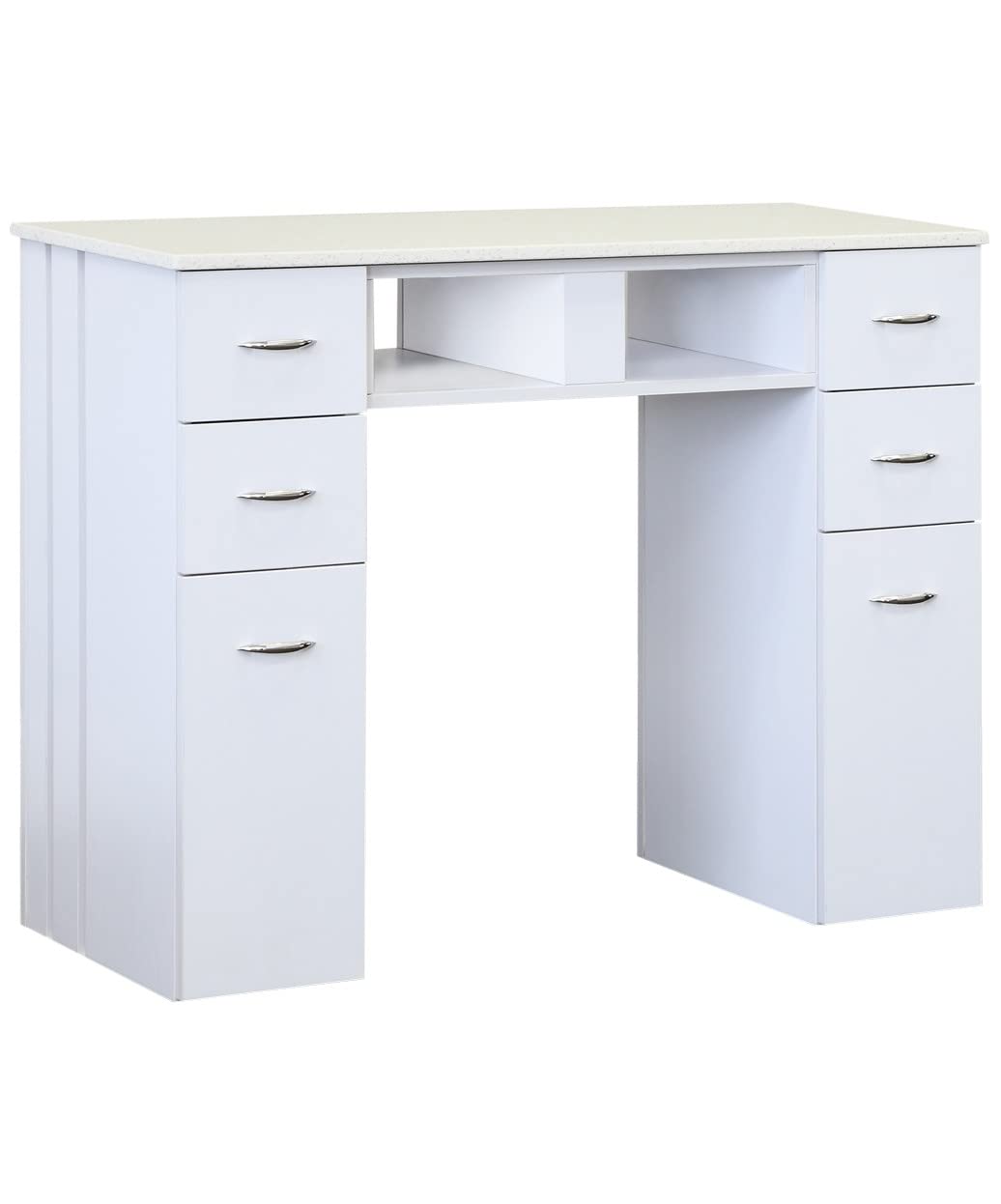 J & A White Granite Top Manicure Nail Table for Salons & Spas - 6 Storage Drawers, 2 UV Dryer Slots, Built-in Trash Compartment, Hidden Casters, Compact & Modern Workstation - JA-KM-N104-WHT