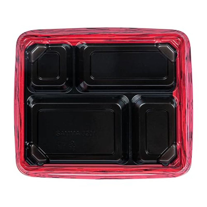 Restaurantware Bento Tek 15.2 Ounce Meal Prep Containers, 50 Disposable To Go Food Boxes - Lids Sold Separately, 4 Compartments, Red And Black Plastic Bento Lunch Boxes, Freezable, For Take Out