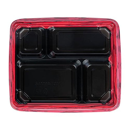 Restaurantware Bento Tek 15.2 Ounce Meal Prep Containers, 50 Disposable To Go Food Boxes - Lids Sold Separately, 4 Compartments, Red And Black Plastic Bento Lunch Boxes, Freezable, For Take Out