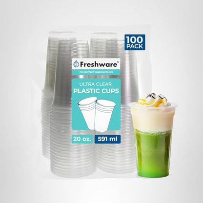 Freshware Clear Plastic Cups [100 Pack - 20 oz] Disposable Cups for Iced Coffee, Smoothie, Milkshake, Cold Drinks