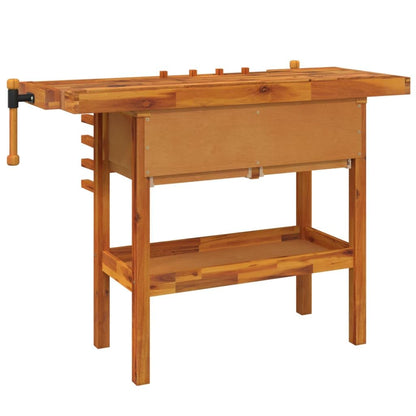 Sturdy Garage Workbench with 4 Drawers and Vices, Solid Acacia Wood Workbench 48.8x20.5x32.7 Inch for Workshop and Shed