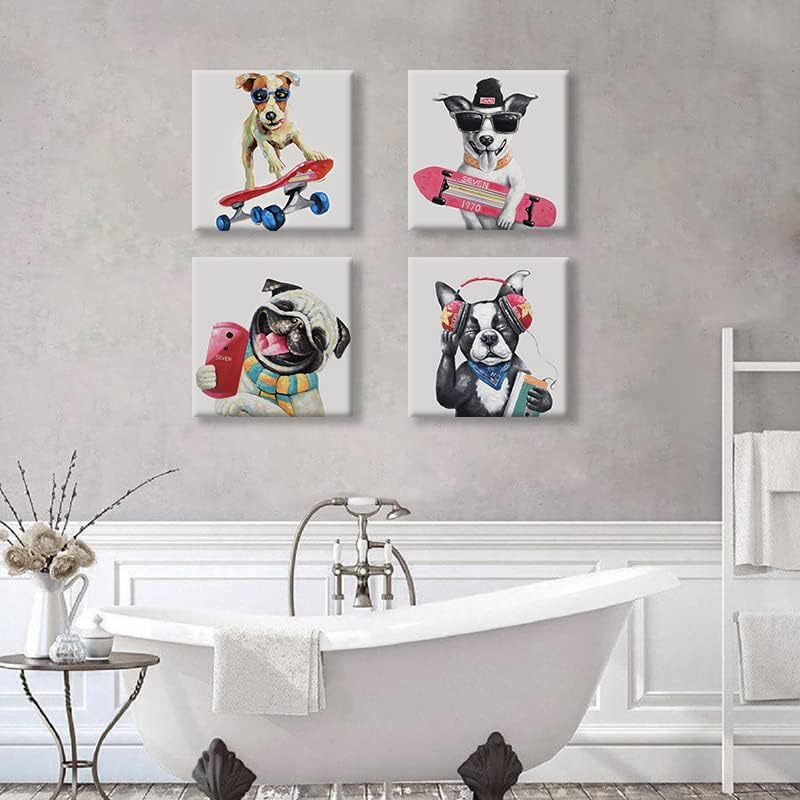 12'' 12'' 4 SEVEN WALL ARTS Colorful Gallery Pet Canvas Painting Puppy Artwork Abstract Hip-hop Dog Cartoon Picture