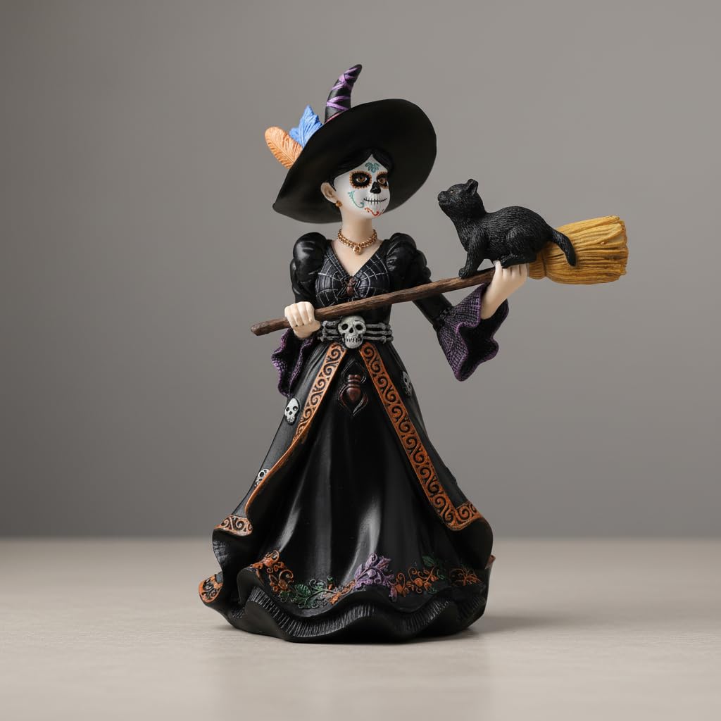 Comfy Hour 9" Dark Fairy Witch Figurine on Broom, Gothic Sorceress with Black Cat Statue, Mystical Fantasy Home Office Desktop Decor, Artisan Crafted Resin Sculpture, 1 Unit