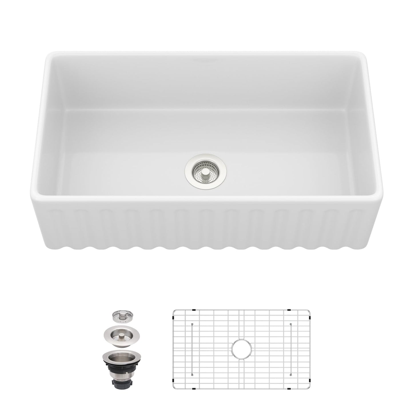 Logmey 33 In White Fireclay Farmhouse Sink with Pop-up Drain & Reversible Design 33x18x10 Durable Ceramic Apron Front Sinks,Easy to Clean,Scratch & Heat Resistant,Ideal for Traditional & Country Style