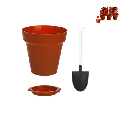 KKpxafl 20 Pack Flowerpot Dessert Cups, Shovel, Spoon, Bottom Tray - Small Flower Pot Cups, Mini Flowerpot Cake Desserts Cups Ice Cream,Yogurt Containers - DIY (Brown,Reusable)