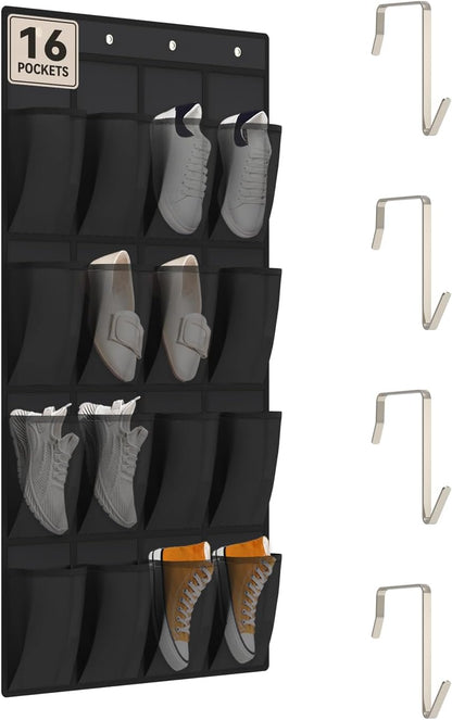16 Closet 4 dodowin Over the Door Shoe Organizer Rack, Large Breathable Mesh Pockets, Foldable Hanging Storage Holder