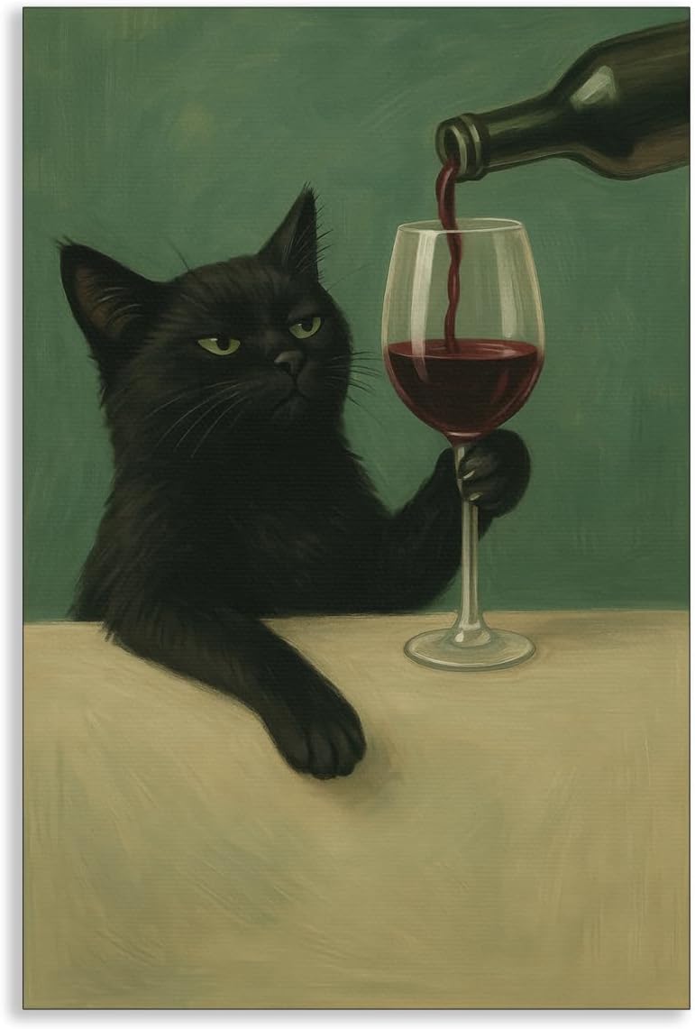 Generic 12x16in Black Cat Canvas Wall Art, Moody Dark Green Cat Painting Poster, Vintage Whimsical Animal Picture, Wine