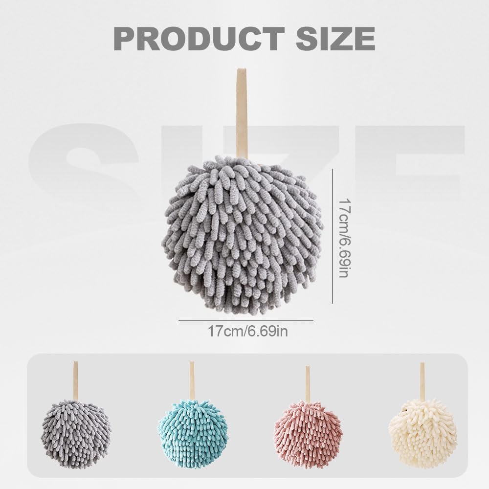 ROWPOZ 2PCS 6.7Inch Absorbent Hanging Hand Towel Ball for Kitchen & Bathroom, Chenille Plush Hand Towel Puff Ball Hand
