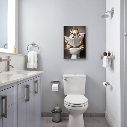 CCWACPP Bulldog Bathroom Wall Art - Funny Animal Canvas Print Reading Newspaper | Framed 12" x 18"