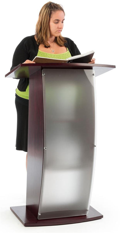 FixtureDisplays® 44.25" Tall Podium for Floor, Curved Frosted Front Acrylic Panel - Red Mahogany 19658