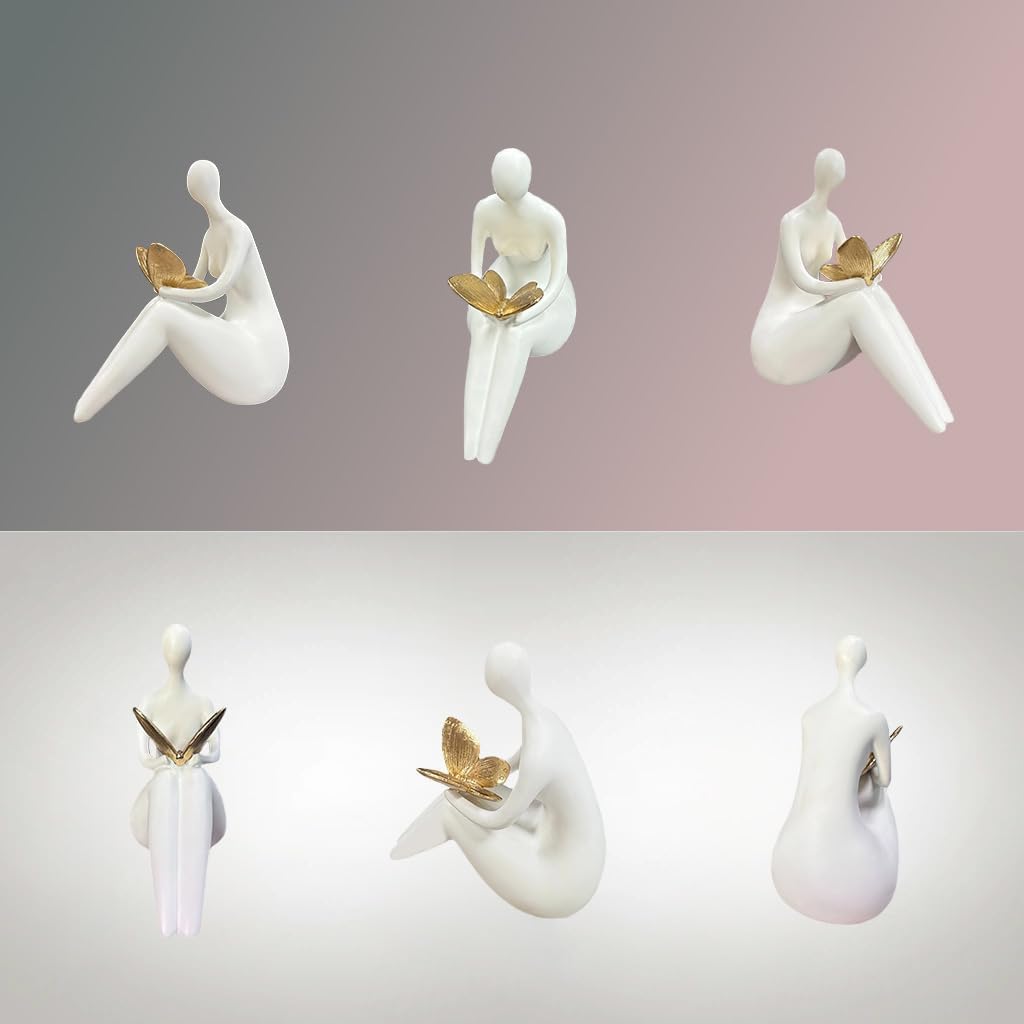 Lescafita White Abstract Sitting Figurine with Gold Butterfly Modern Shelf Sitter Sculpture for Home Decor, Minimalist