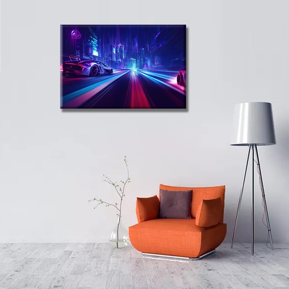 LSIUHWUWI Cyberpunk Style Pictures, Neon Streetview Night Paintings, Canvas Wall Art, 16X24 INCH Ready to Hang