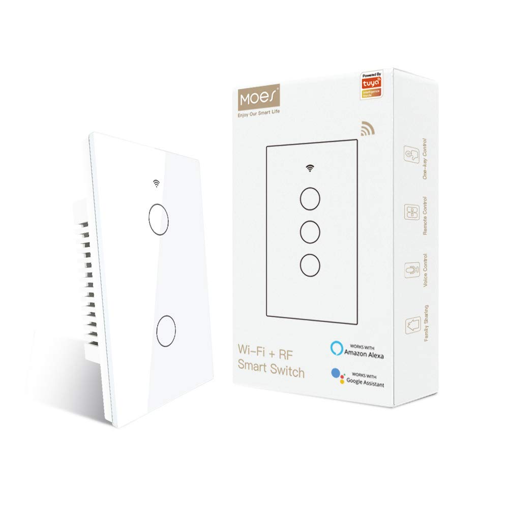 MOES Touch Wall Single Live Wire Smart Switch，No Neutral Wire Needed, 2.4GHz WiFi RF433 Light Switch Works with Smart Life/Tuya App, Alexa and Google Home, Single Pole 110V, White 1 Gang