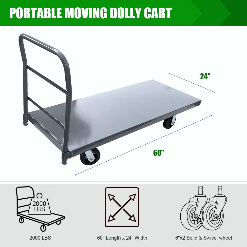 Fworkleft Steel Platform Truck 2000 lb Capacity, 60" x 24" Heavy Duty Flatbed Push Cart with Smooth Deck, Industrial Platform Dolly for Warehouse & Commercial Use