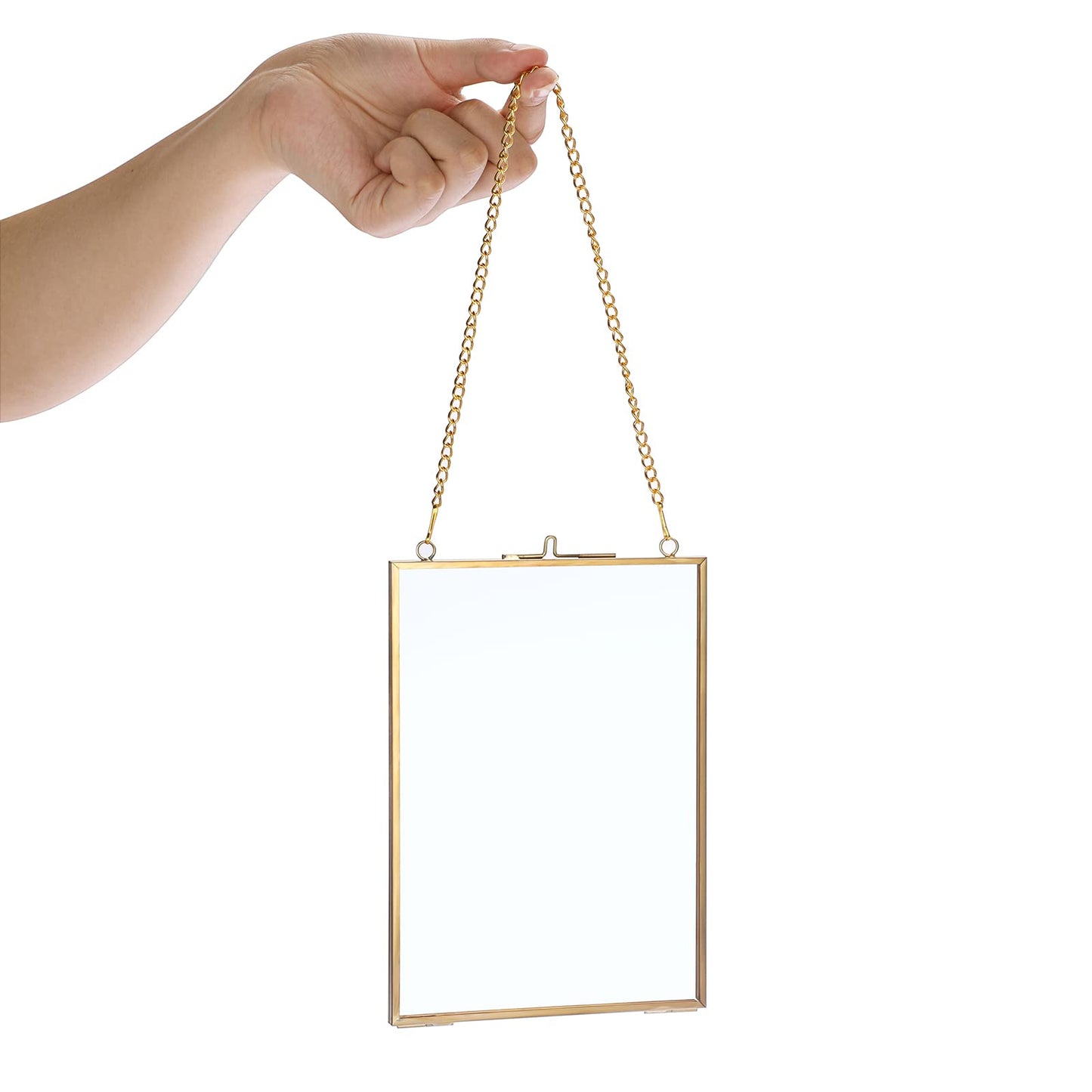 JUXYES Set of 2 Wall Hanging Brass Frames Ornament for Pressed Flowers, Double Glass Hanging Picture Artwork Display Frame, Vertical Gold Floating Style Gallery Wall Frame for Photo Picture Poster etc, 5x7 Inches