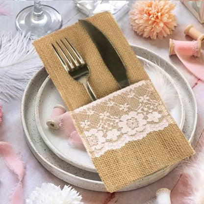 FQTANJU 50 PCS Burlap Lace Utensil Cutlery Holders Pouch for Rustic Wedding Party Decorations, 4"x8"
