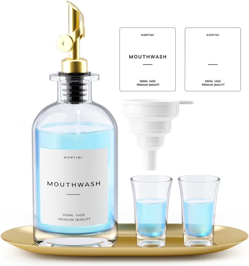 16oz Set Moryimi Mouthwash Dispenser, Glass Mouthwash Decanter for Bathroom, Mouth Wash Container Mouthwash Bottle