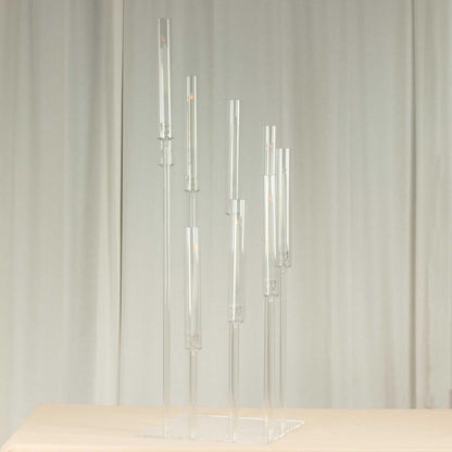 Efavormart 9 Arm Clear Acrylic Cluster Taper Candle Holder Candelabra, Pillar Candle Stick Stand with Square Base - 4ft Tall