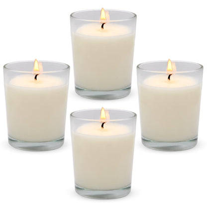 4 Packs Unscented White Votive Candles in Glass, 2 Inch Natural Soy Wax Scentless Candles for Christmas Wedding Party Home Decor Holidays Relaxation Spa, 12-15 Hour Burning Time