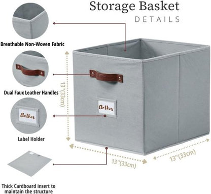 DECOMOMO Storage Cubes - 13x13x13 Fabric Organizer Bins with Labels | Set of 6 in Grey
