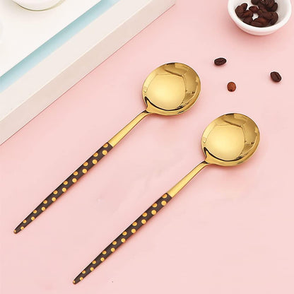 Set of 4 Stainless Steel Soup Spoons, Korean Dessert Spoons, Black Polka Dot Mixed Color, 8 Inches