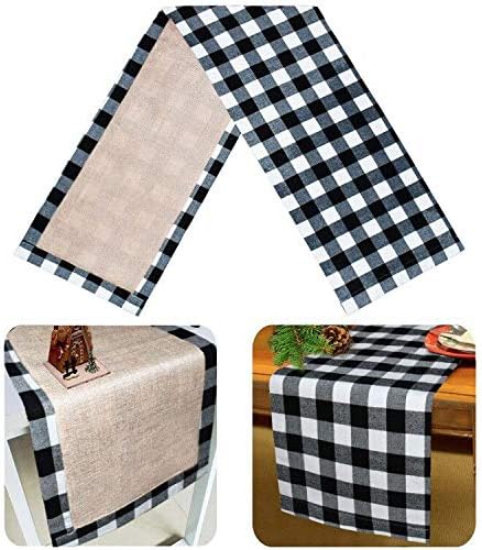 Senneny Christmas Table Runner 14 x 72 Inch, Burlap & Cotton Black White Plaid Reversible Buffalo Check for Holiday