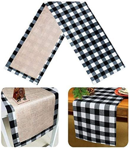Senneny Christmas Table Runner 14 x 72 Inch, Burlap & Cotton Black White Plaid Reversible Buffalo Check for Holiday
