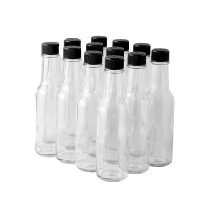 FastRack Woozy Bottle 5 oz (Pack of 12) | Small Hot Sauce Bottles for Canning | Empty Clear Glass Sauce Bottle with Black Plastic Caps | Leakproof Cap - No Dripper Included