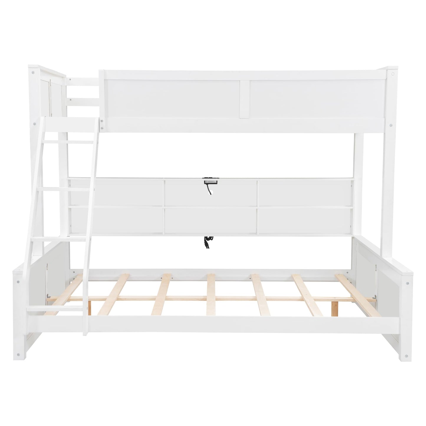 DNYN Twin XL Over Queen Bunk Bed with Storage for Kids/Adults,Solid Wood Bedframe w/Cabinets & USB Ports Design,Perfect for Bedroom, Guest Room, White