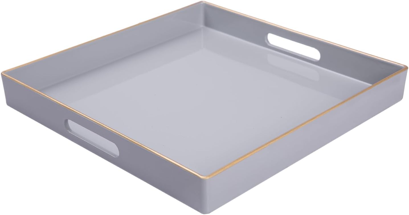 13" 13" 1.57" MAONAME Decorative Tray, Gray Serving Tray with Handles, Coffee Table Trays, Square Plastic Trays
