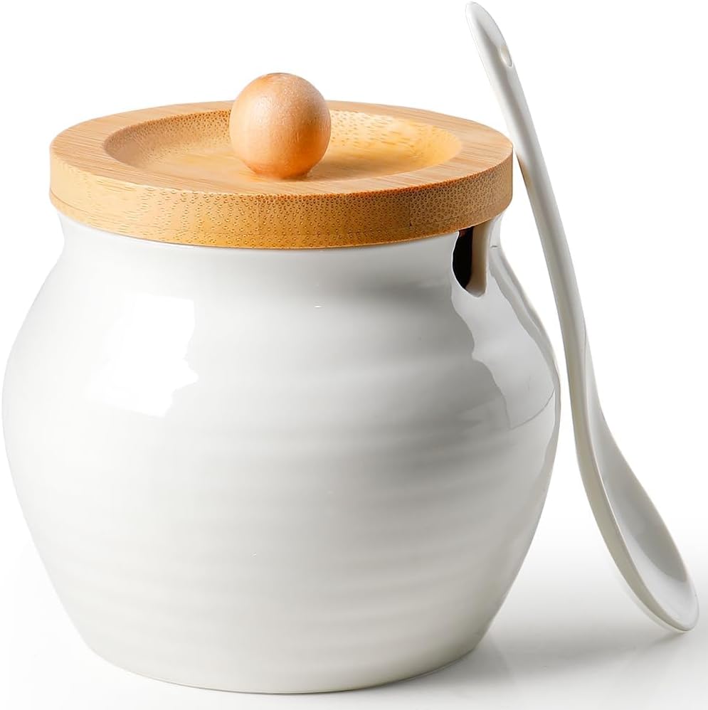 13oz Countertop,Kitchen AISBUGUR Sugar Bowl with Lid and Spoon: Sugar Jar with Bamboo Lid,Ceramic Sugar Container