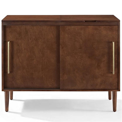BOWERY HILL Mid-Century Media Console Table, 44 in x 18 in x 34.25 in, MDF/Birch Veneer, Mahogany Finish, Gold Metal Hardware, Hinged Top, Vinyl Record Storage, Sliding Doors, Living Room Turntable
