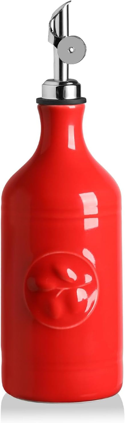 16 Oz 1 Pack(Red, Sweejar Ceramic Olive Oil Dispenser Bottle, Oil Dispenser for Kitchen with Gravity Spout, Relief
