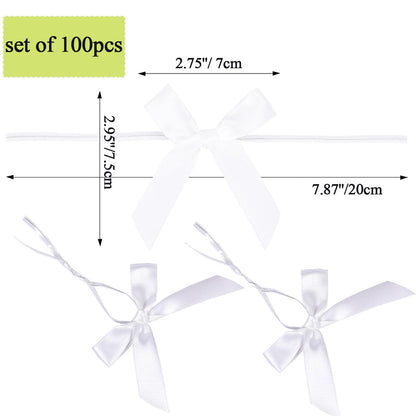 BeiLeiNiceHK 100 Pack White Twist Tie Bow, Pre Tied Bows,Christmas Satin Twist Tie Bows for Treat Bags,Packaging Bows for Candies and Apples, Pretied Ribbon Bows for DIY Decorations,Treat Bows