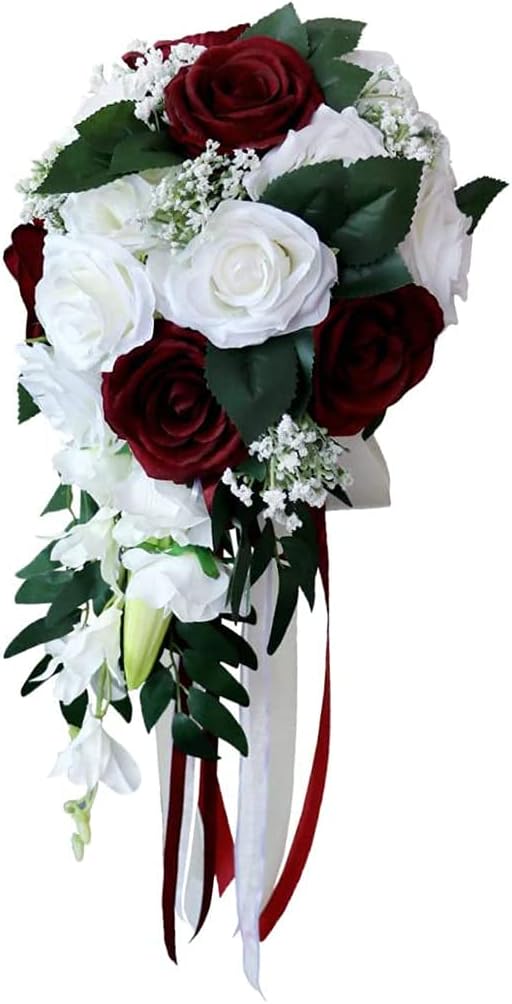 Artificial Rose Bouquet for Wedding Bride, White + Wine Red Bouquet for Home Holiday Party Supplies