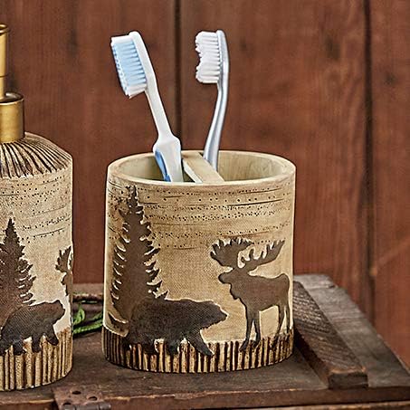 Cozy 4.5" 4.25" 3" BLACK FOREST DECOR - Woodland Moose & Bear Toothbrush Holder - Aged Rustic Bathroom Dcor for Cabin