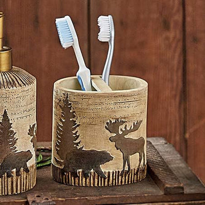 Cozy 4.5" 4.25" 3" BLACK FOREST DECOR - Woodland Moose & Bear Toothbrush Holder - Aged Rustic Bathroom Dcor for Cabin