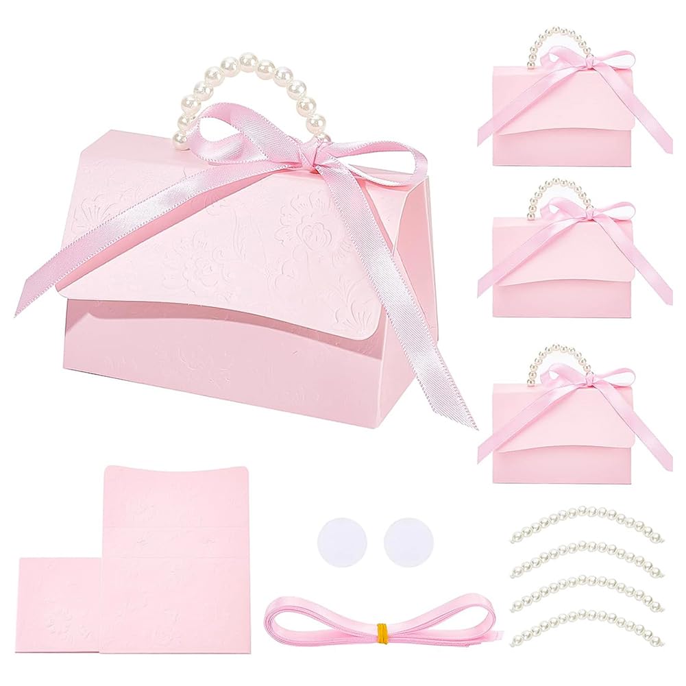 BENECREAT 16Set Wedding Favors Box DIY Set, Pink Kraft Paper Box with Pearl Handle, Ribbons, Stickers, Gift Boxes for Birthday, Party Favor, Boutique, Wedding and Anniversary