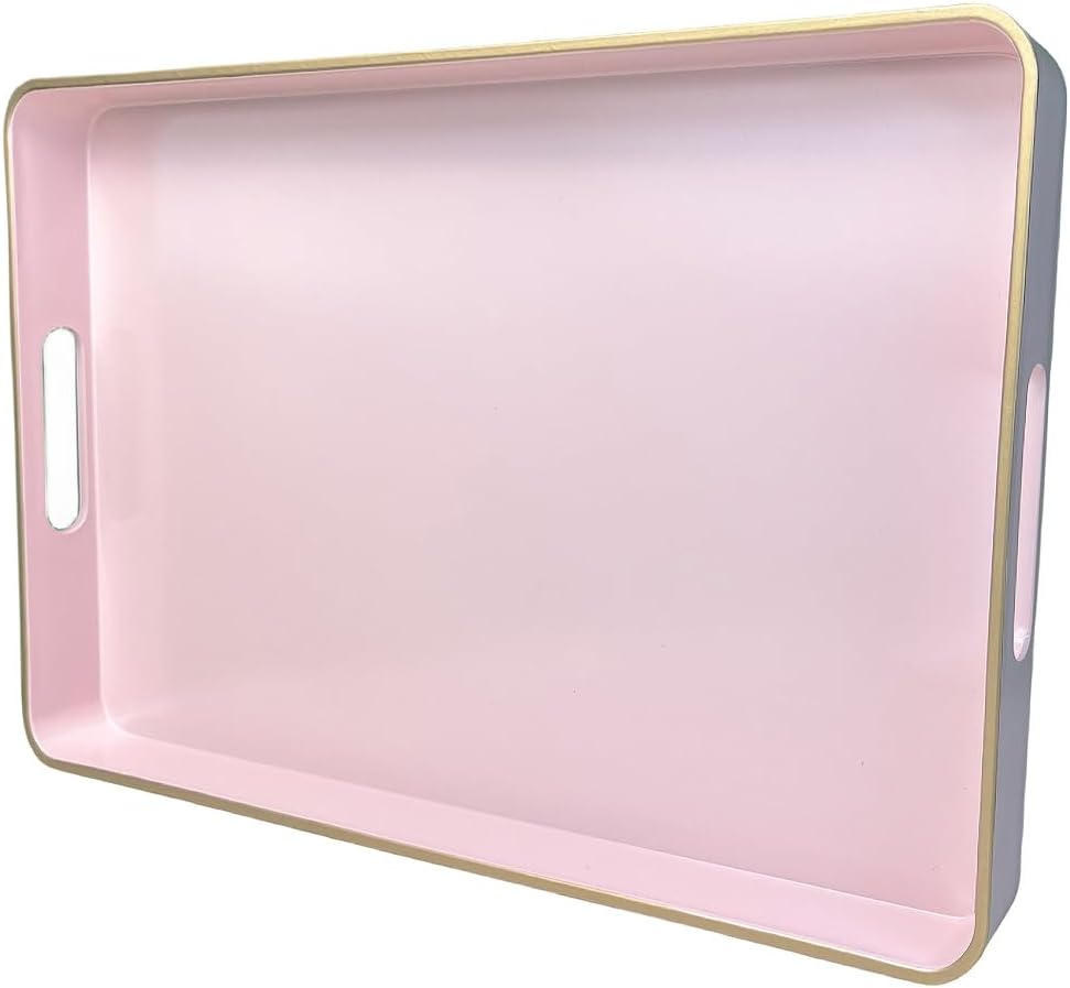 15.7"*10.2" Pink Coffee Table Tray, Decorative Serving Tray with Handles, Plastic Rectangular Tray for Ottoman