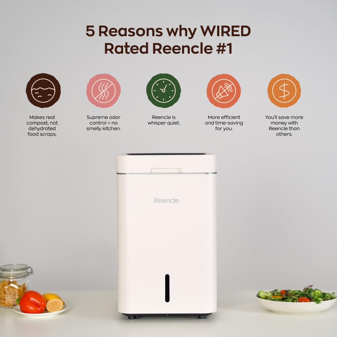 Reencle Gravity Electric Composter - 22L Kitchen Composter– Decomposes 3.3 lbs Daily, Odorless & Quiet Indoor Composting, Rapid Decomposition with All-New Compost Starter 2.0 + Booster Pack (Beige)