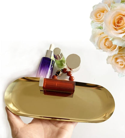 Gold Tray 2 Pack, Stainless Steel Decorative Tray for Bathroom, Jewelry, Vanity Storage, 9 Inch-Oval