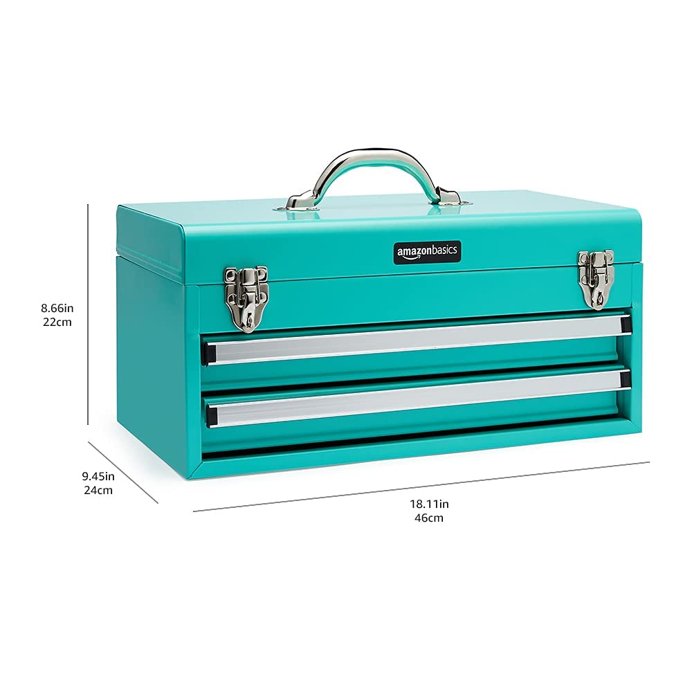 Amazon Basics Metal Tool Box with Drawers, Storage and Organization Tool Chest, Powder Coat Finish, 18.1 x 8.7 x 9.5 in, Turquoise